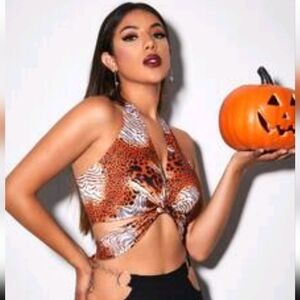 Shein Twist Leopard Print Tie Back Halter Crop Top In Original Packaging